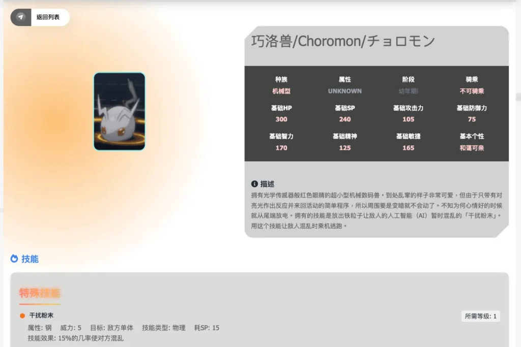 時空異客圖鑑工具：數碼寶貝資訊